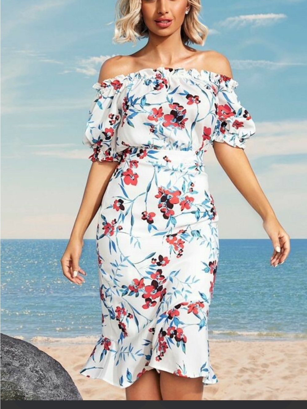 Marciano Off-Shoulder White Floral Midi Dress Elegant Summer Style - Size M